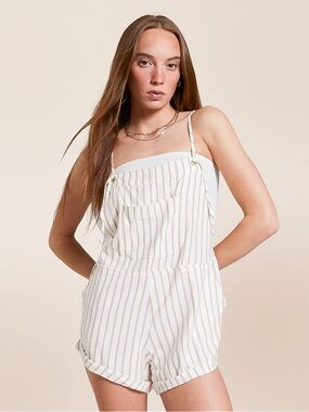 Billabong Cream & Tan Striped Short Overalls Romper